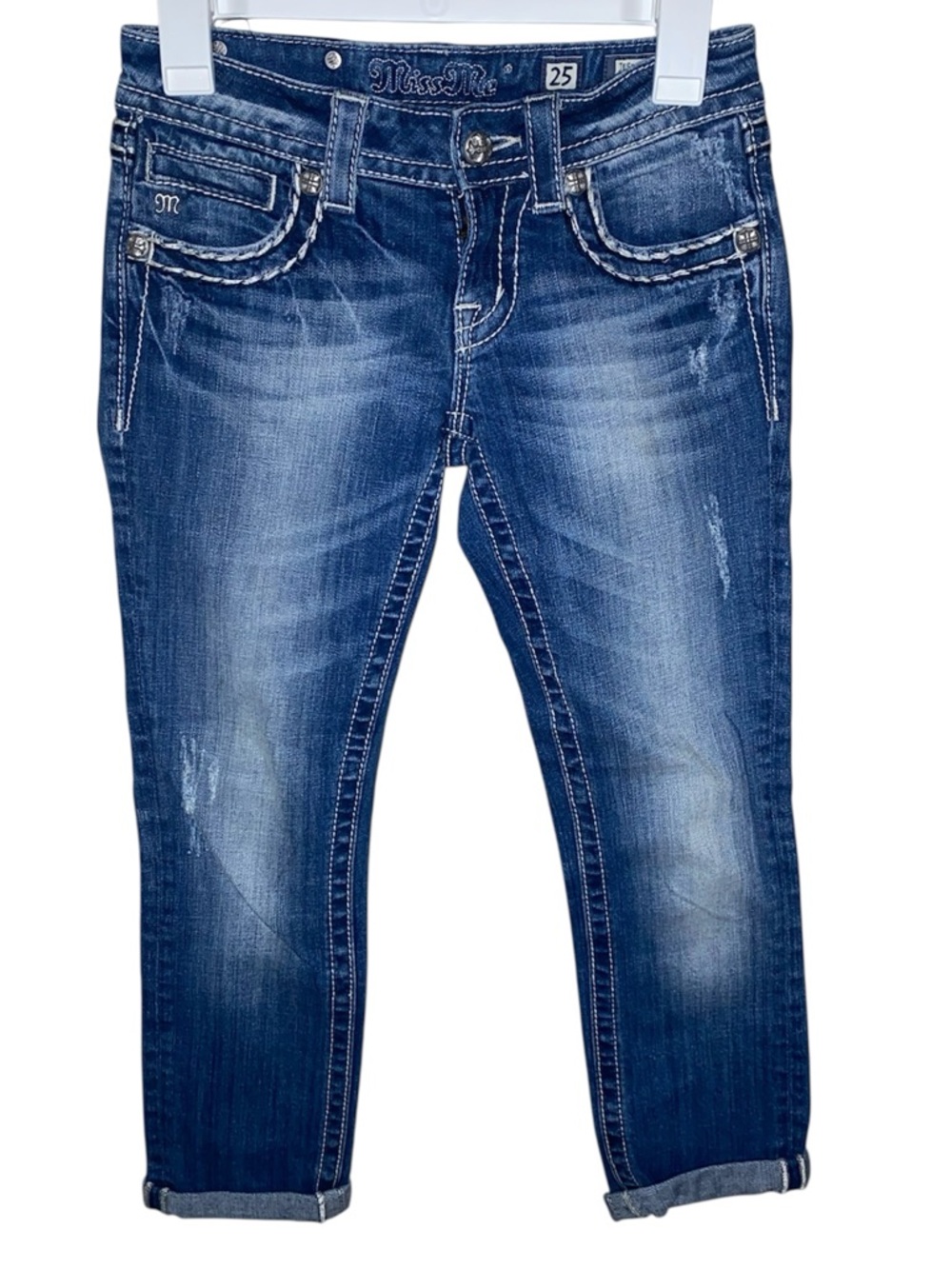 MISS ME Cropped Denim Embroidered Embellished Jeans
